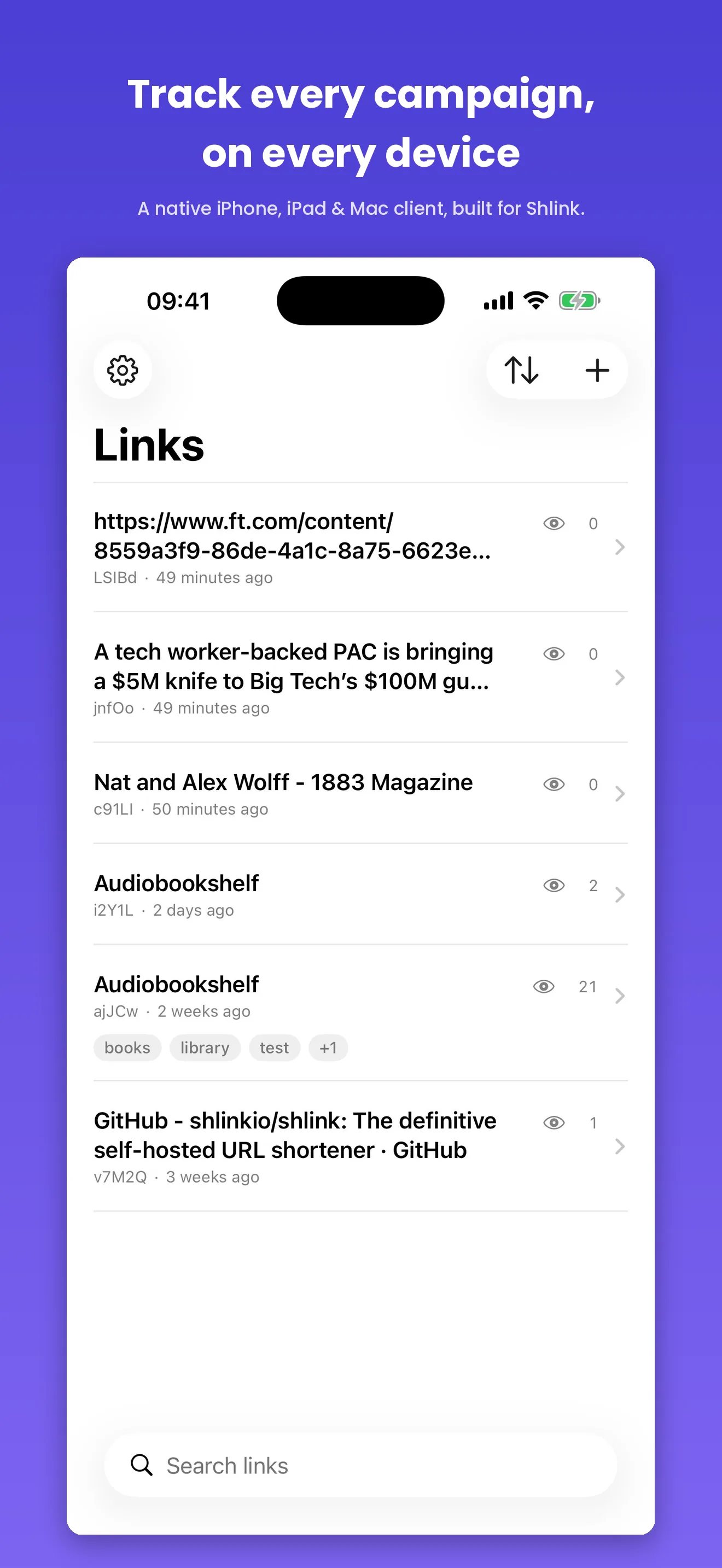 Shlinkly link list on iPhone