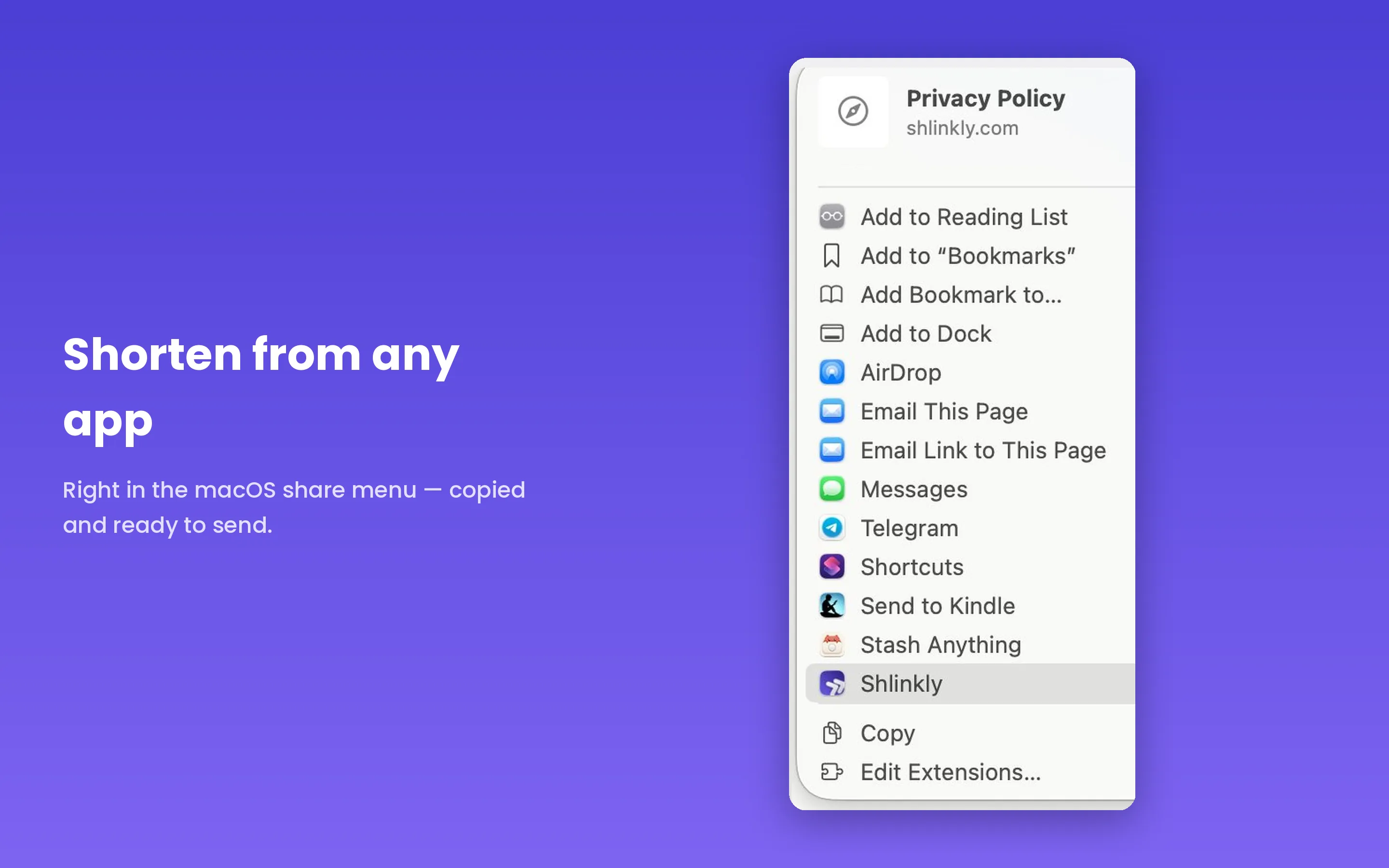 Shlinkly in the macOS share menu
