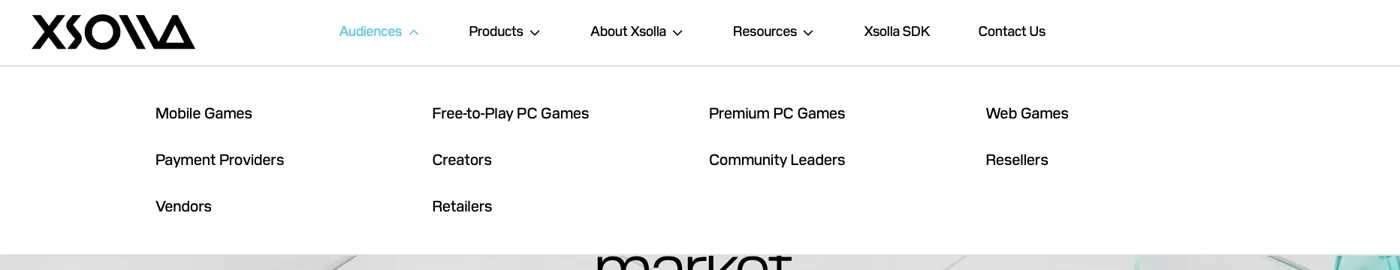 Retailers listed as an audience in Xsolla's global site navigation